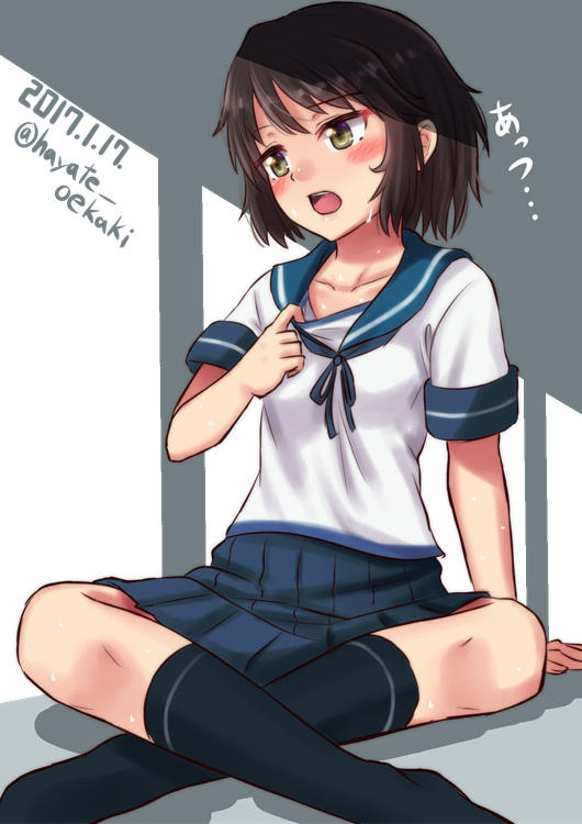 1girl, 2017, black_hair, black_legwear, blue_skirt, brown_eyes, dated, indian_style