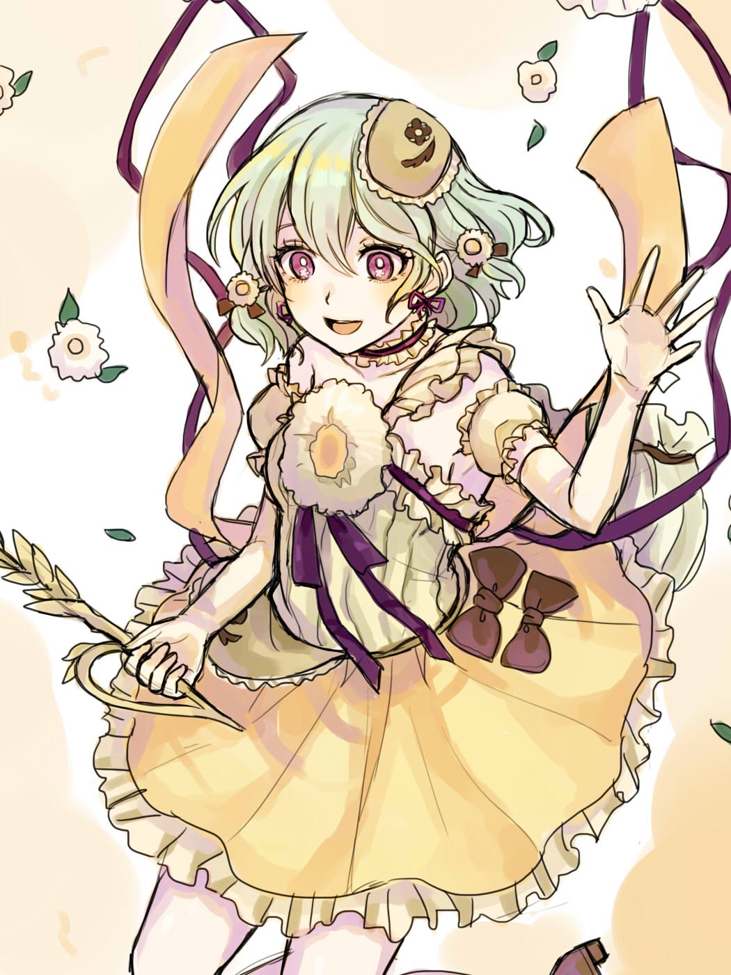 1girl, cowboy_shot, dress, flower, flower-shaped_pupils, green_hair, highres, kuya_(hey36253625)