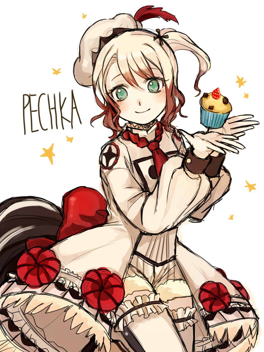 1girl, blonde_hair, character_name, chef, cowboy_shot, cupcake, flower, food