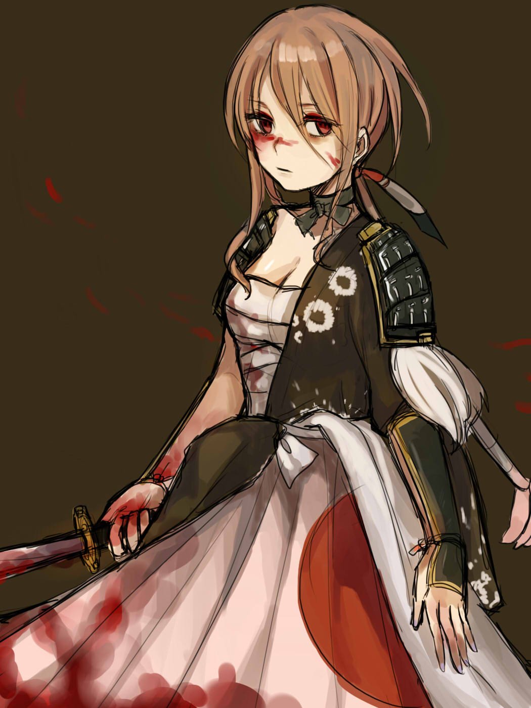 1girl, akane_(mahoiku), blood, blood_on_face, bloody_clothes, breasts, brown_background, brown_hair