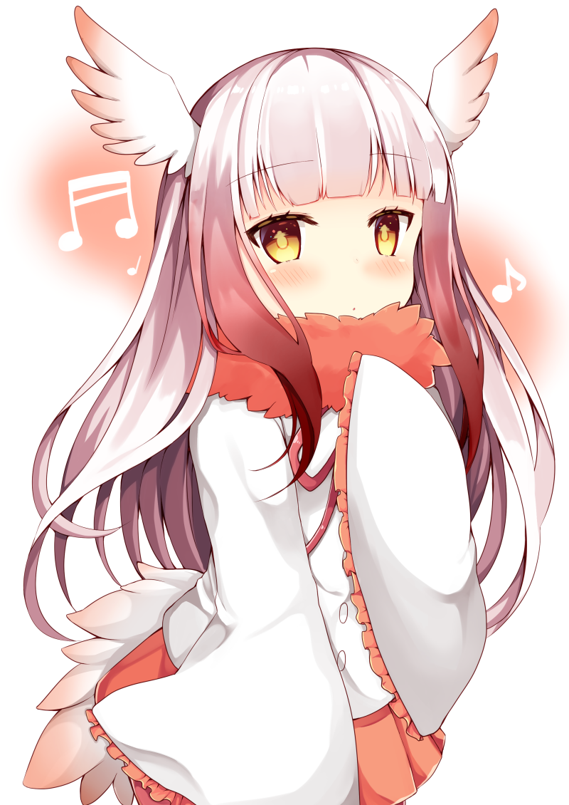 1girl, bangs, bird_tail, blunt_bangs, blush, crested_ibis_(kemono_friends), eyebrows_visible_through_hair, feather_boa