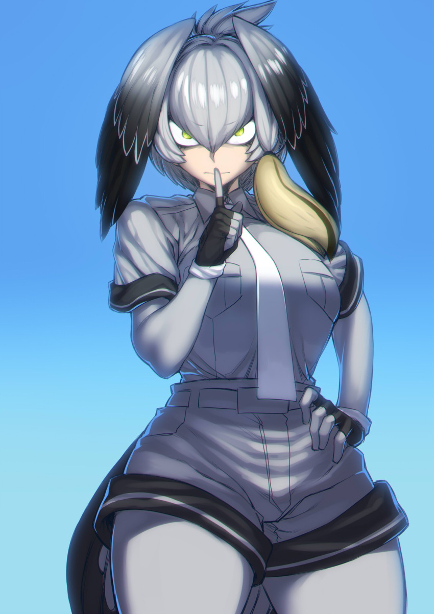 1girl, bird_tail, bird_wings, black_gloves, black_hair, blue_background, bodystocking, breasts, collared_shirt, commentary, eyebrows_visible_through_hair, feathered_wings, finger_to_mouth, fingerless_gloves, gloves, green_eyes, grey_hair, grey_shirt, head_wings, highres, kemono_friends, large_breasts, long_hair, looking_at_viewer, low_ponytail, multicolored_hair, necktie, shirt, shoebill_(kemono_friends), short_sleeves, shushing, side_ponytail, silver_hair, silver_necktie, silver_shirt, silver_shorts, simple_background, solo, space_jin, wings