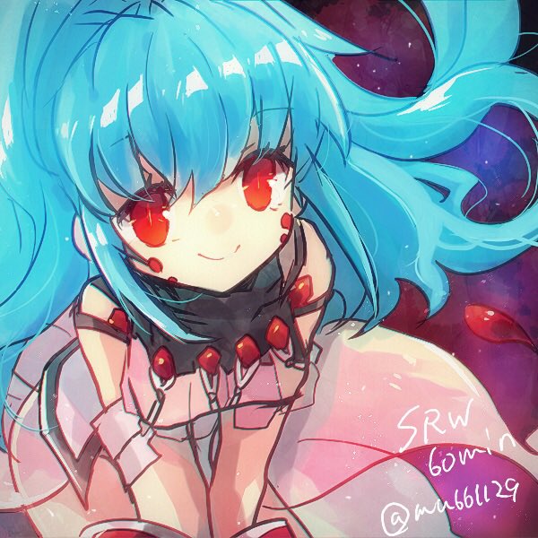 1girl, alfimi, blue_hair, dress, looking_at_viewer, nunuko_(mu661129), red_eyes, smile, super_robot_wars, super_robot_wars_original_generation, twitter_username