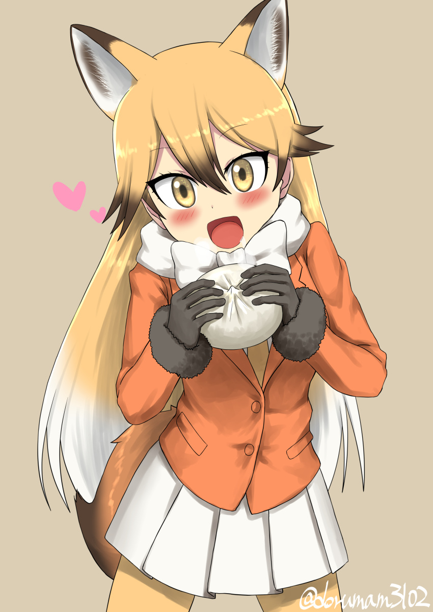 1girl, :d, absurdres, animal_ears, baozi, black_gloves, blazer, blonde_hair