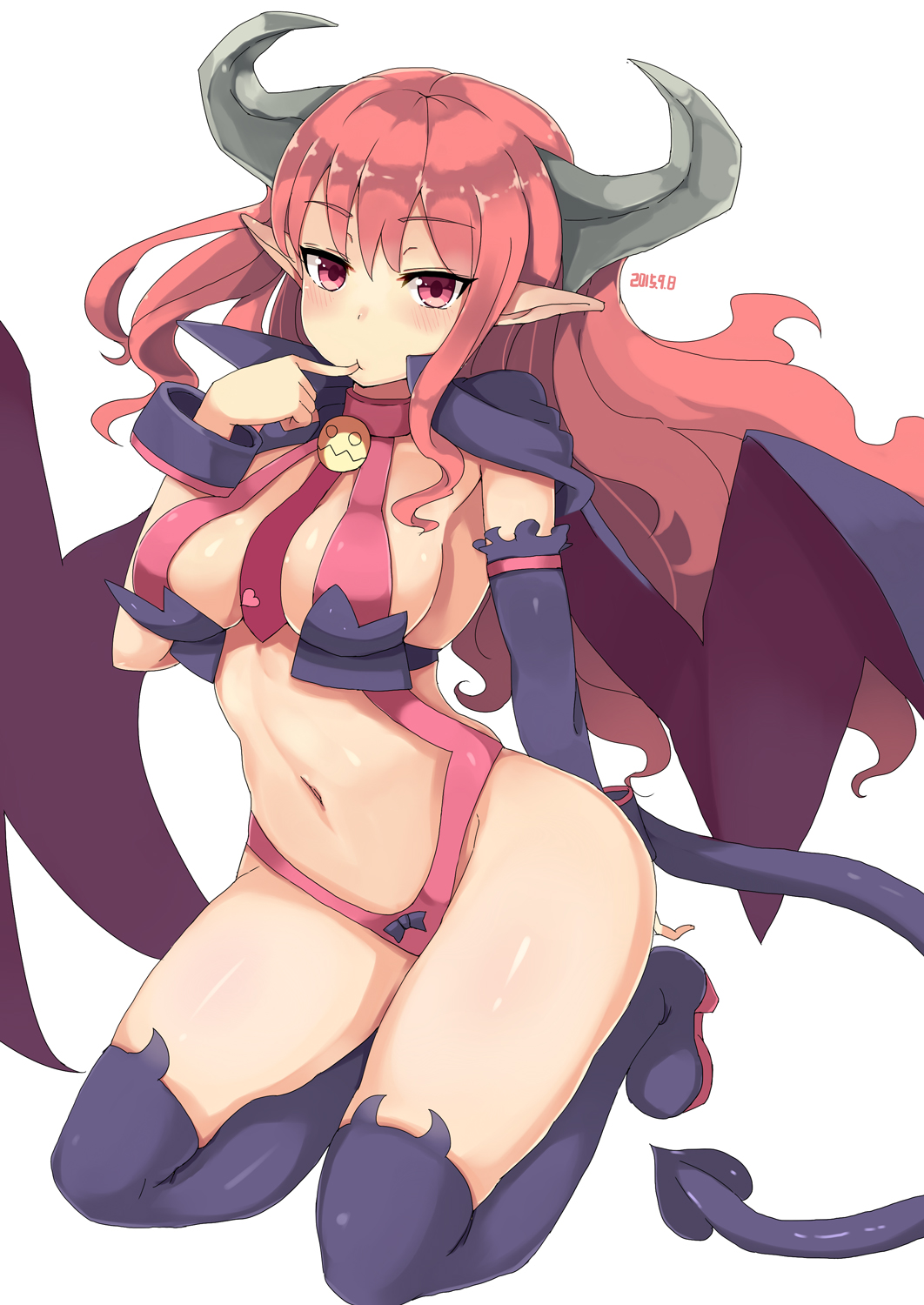 1girl, bat_wings, blush, breasts, demon_girl, demon_tail, disgaea, finger_in_mouth, highres, horns, long_hair, looking_at_viewer, medium_breasts, midriff, navel, pink_eyes, pink_hair, pointy_ears, red_eyes, revealing_clothes, solo, succubus, succubus_(disgaea), tail, thigh-highs, tinpam, wings