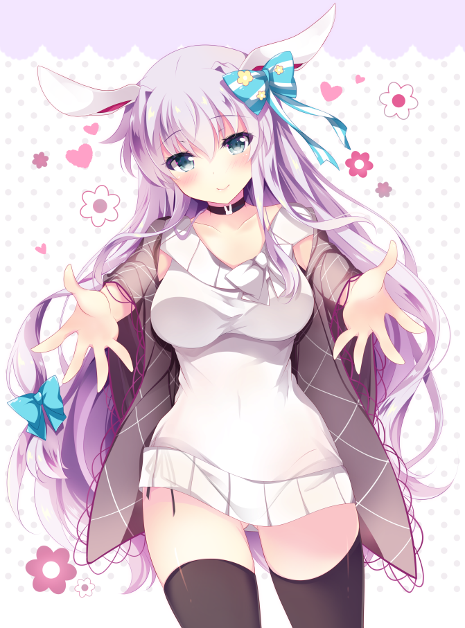 1girl, animal_ears, bangs, black_legwear, black_panties, blue_eyes, blush, breasts
