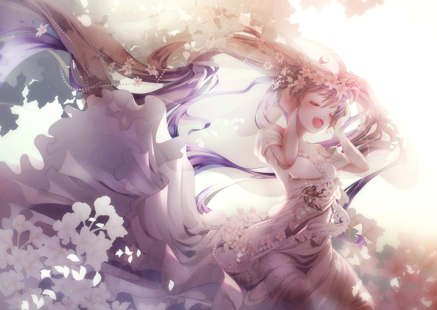 1girl, closed_eyes, dress, floating_hair, hatsune_miku, head_wreath, long_hair, minami_mofuko