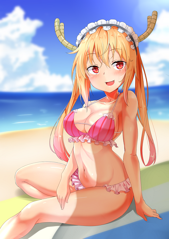 1girl, :d, beach, bikini, blush, breasts, cleavage, clouds, day, dragon_girl, dragon_horns, eyebrows_visible_through_hair, fang, frilled_bikini, frills, horns, kobayashi-san_chi_no_maidragon, large_breasts, looking_at_viewer, maid_headdress, navel, ocean, open_mouth, orange_hair, outdoors, pengin_maru, pink_bikini, pinstripe_pattern, red_eyes, sand, sitting, sky, smile, solo, stomach, swimsuit, thighs, tooru_(maidragon), twintails