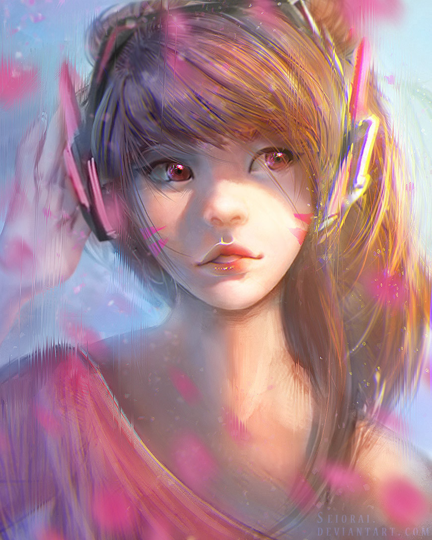 1girl, asian, bangs, blue_background, blue_sky, blurry, brown_eyes, brown_hair, casual, cherry_blossoms, chromatic_aberration, d.va_(overwatch), depth_of_field, facepaint, facial_mark, facing_viewer, gradient, gradient_background, hand_on_headphones, headphones, lips, long_hair, looking_away, outdoors, overwatch, parted_lips, petals, pink_lips, pink_shirt, portrait, seiorai, shirt, side_glance, sky, solo, swept_bangs, v-neck, watermark, web_address, whisker_markings