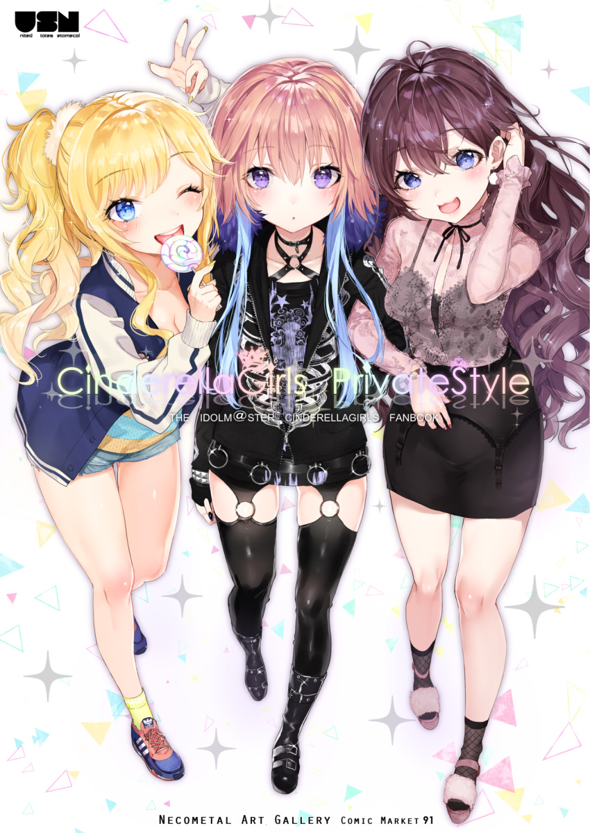3girls, :3, :d, :o, adidas, ahoge, animal_print, ankle_socks