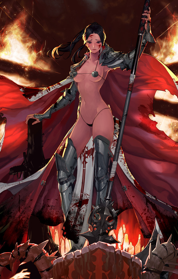 1girl, armor, black_hair, blood, bloody_clothes, breasts, cape, dungeon_and_fighter