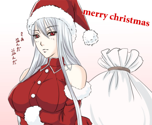 bag, christmas, hat, karee_oshou, large_breasts, long_hair, lowres, red_eyes