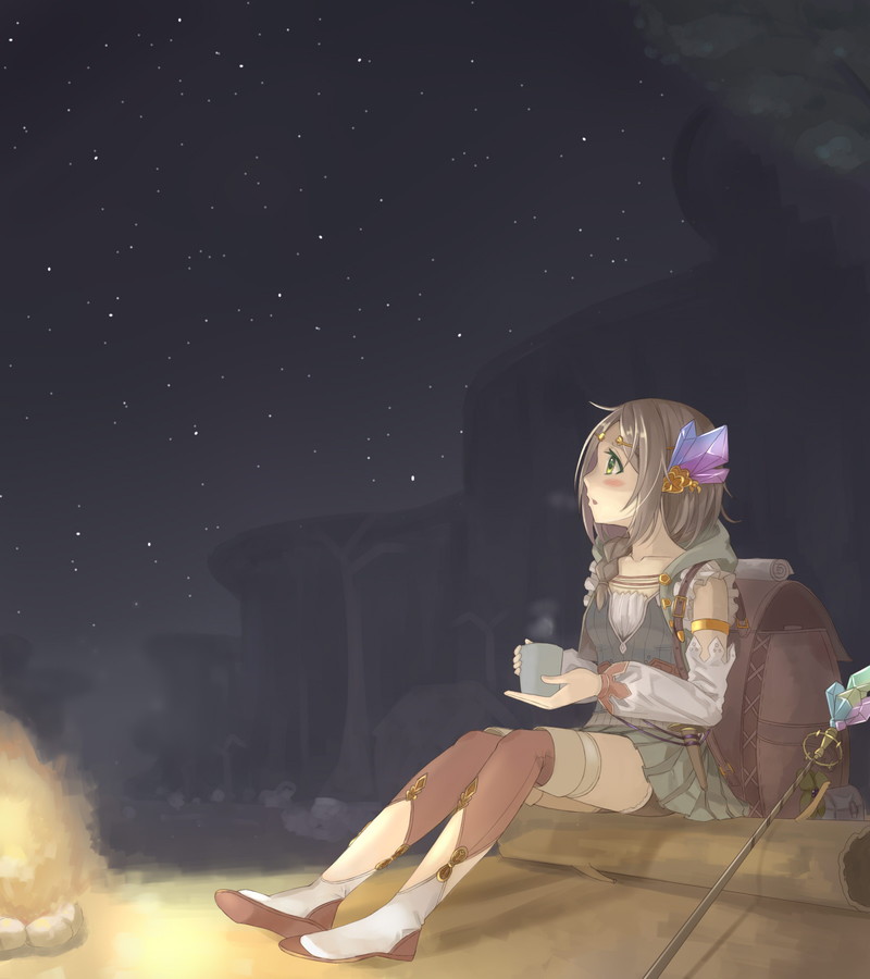 1girl, armband, atelier_(series), atelier_firis, backpack, bag, blush, boots, braid, brown_hair, campfire, circlet, collarbone, commentary_request, crystal, cup, detached_sleeves, female, firis_mistlud, frilled_shirt, frills, green_eyes, hair_over_shoulder, holding, holding_cup, hood, hood_down, log, long_sleeves, looking_afar, night, night_sky, ojiki, pleated_skirt, puffy_long_sleeves, puffy_sleeves, shirt, shorts_under_skirt, single_braid, sitting, sitting_on_object, skirt, sky, sleeveless, smoke, solo, staff, star_(sky), starry_sky, steam