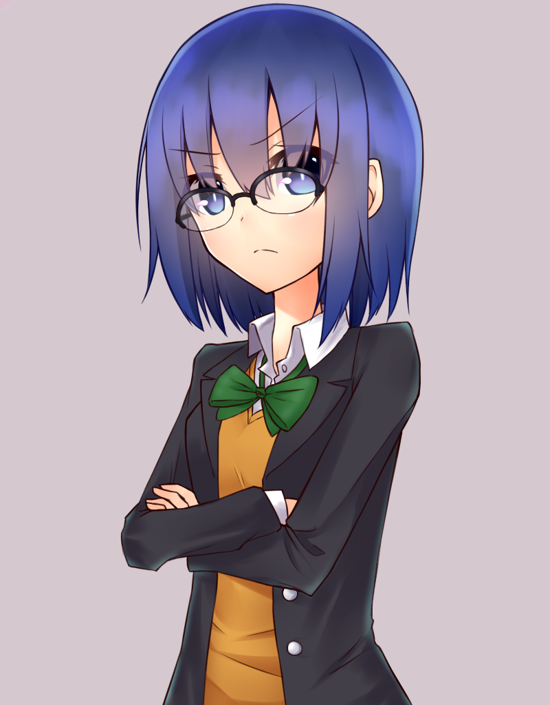 >:(, 1girl, blue_eyes, blue_hair, ciel, crossed_arms, glasses, grey_background, looking_at_viewer, mei_mu, over-rim_glasses, school_uniform, semi-rimless_glasses, solo, tsukihime
