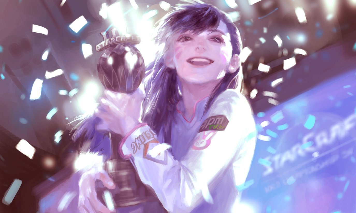 >:3, 1girl, :3, :d, animal_print, bangs, blue_shirt, brown_eyes