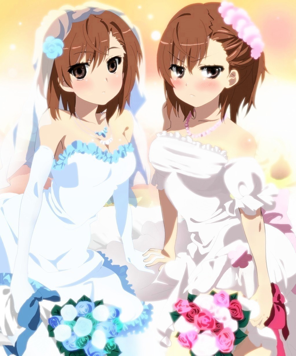 2girls, alternate_costume, angry, arm_support, bangs, blue_dress, blue_gloves, blush, bouquet, breasts, bridal_veil, brown_eyes, brown_hair, cleavage, closed_mouth, dress, elbow_gloves, empty_eyes, flower, frown, gloves, green_dress, green_wedding_dress, hair_flower, hair_ornament, highres, holding, jewelry, medium_breasts, misaka_imouto, misaka_mikoto, momoiro_tanuki, multiple_girls, necklace, rose, siblings, side-by-side, sisters, sitting, strapless, strapless_dress, to_aru_kagaku_no_railgun, to_aru_majutsu_no_index, veil, wedding_dress, white_dress