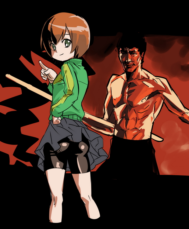 bike_shorts, brown_hair, bruce_lee, kung_fu, makacoon, martial_arts, persona, persona_4