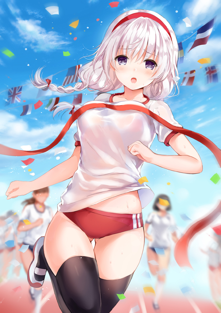 6+girls, :o, american_flag, bangs, black_eyes, black_legwear, braid, breasts