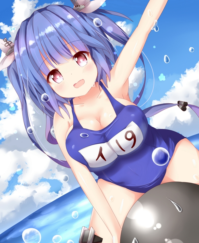 blue_hair, blue_sky, breasts, clpud, fang, hair_ribbon, i-19_(kantai_collection), kantai_collection, large_breasts, long_hair, name_tag, ocean, one-piece_swimsuit, open_mouth, red_eyes, ribbon, school_swimsuit, sky, star, swimsuit, symbol-shaped_pupils, torpedo, twintails, water, water_drop