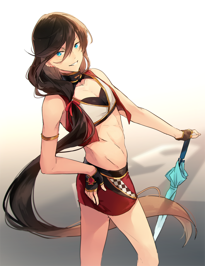 1boy, black_gloves, black_hair, blue_eyes, checkered, closed_umbrella, crossdressinging, earrings, endend_(shinia), fingerless_gloves, gloves, hand_on_hip, izumi-no-kami_kanesada, jewelry, long_hair, low_ponytail, male_focus, midriff, miniskirt, open_clothes, open_vest, pectorals, racequeen, skirt, solo, thighs, toned, toned_male, touken_ranbu, umbrella, very_long_hair, vest