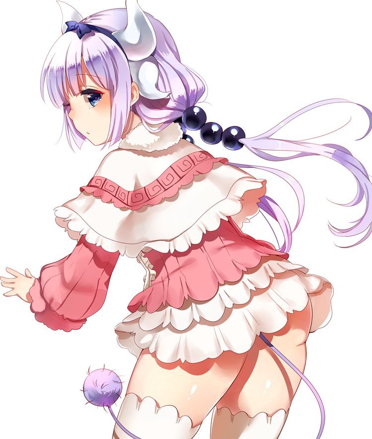 1girl, ass, blue_eyes, capelet, dragon_girl, dragon_horns, dragon_tail, from_behind