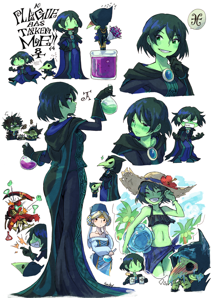 2boys, 2girls, blush, brooch, dress, flower, gloves, green_eyes, green_skin, hat, height_difference, jewelry, mona_(shovel_knight), multiple_boys, multiple_girls, plague_doctor_mask, plague_knight, potion, sachy_(sachichy), shovel_knight, specter_knight, sun_hat, sweat, sweating_profusely, swimsuit, thought_bubble