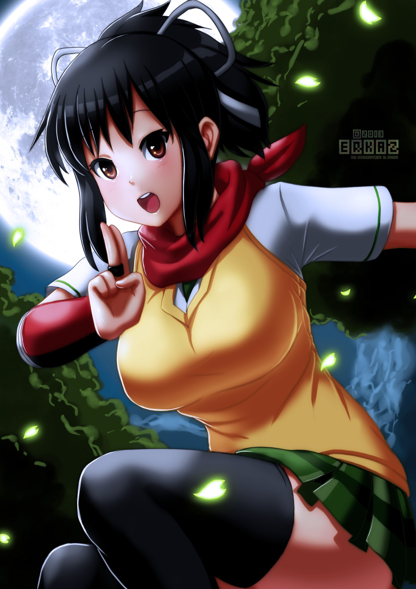 1girl, :d, asuka_(senran_kagura), backlighting, bangs, black_hair, black_legwear, blush, breasts, brown_eyes, erkaz, full_moon, green_skirt, hair_ribbon, hand_seal, highres, large_breasts, leaf, looking_at_viewer, moon, moonlight, night, ninja, open_mouth, petals, ponytail, red_scarf, ribbon, scarf, school_uniform, senran_kagura, senran_kagura_(series), short_hair, sidelocks, skirt, smile, solo, squatting, sweater_vest, thigh-highs, watermark, white_ribbon