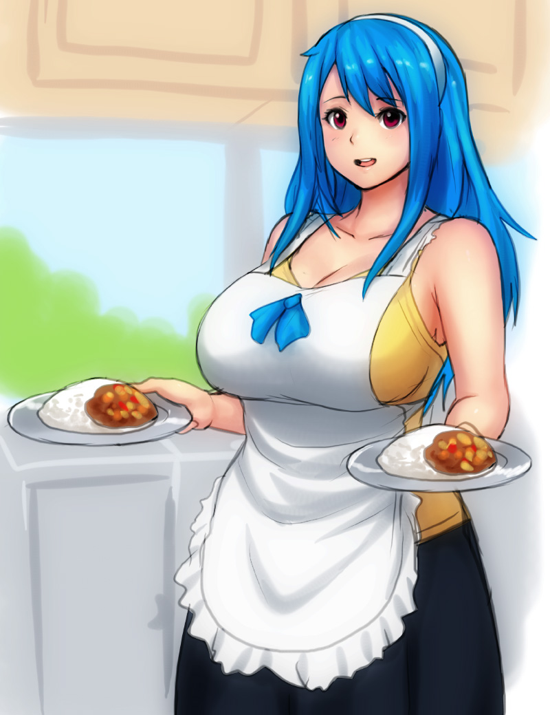 1girl, apron, bare_shoulders, black_skirt, blue_hair, breasts, chemise, cleavage
