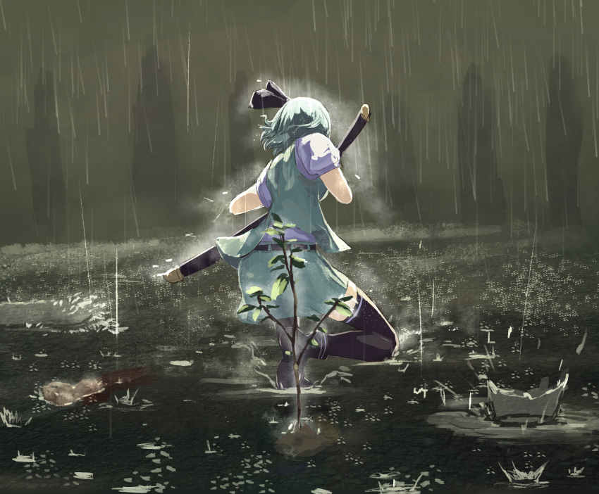 1girl, from_behind, hair_ribbon, hairband, highres, katana, kikimifukuri, kneeling