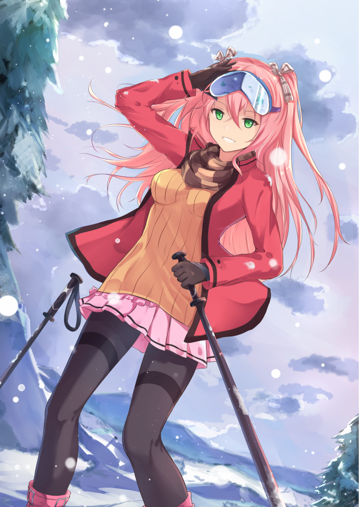 1girl, arm_up, black_legwear, boots, breasts, brown_gloves, brown_ribbon, brown_scarf
