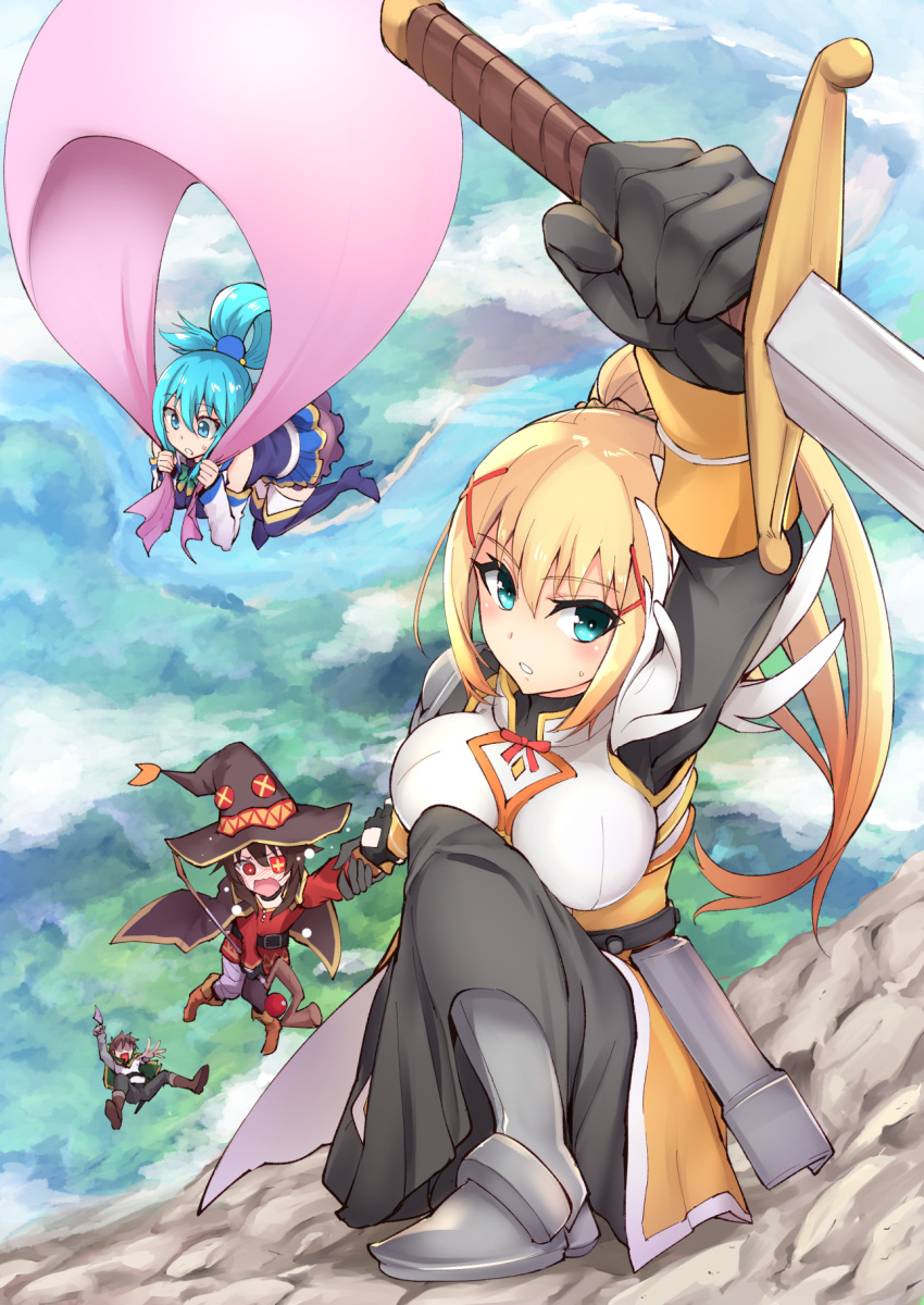 1boy, 3girls, aqua_(konosuba), bare_shoulders, belt, black_hair, blonde_hair, blue_eyes