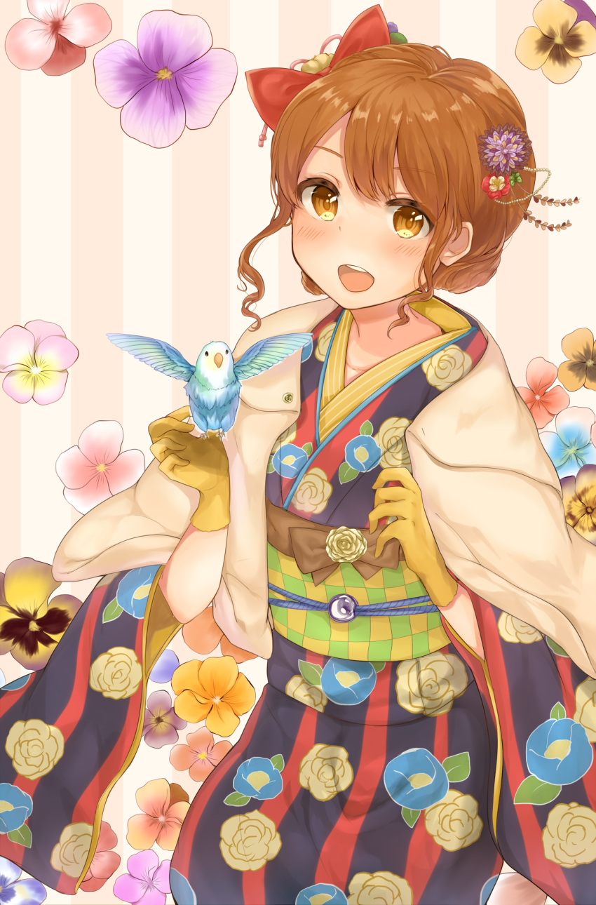 1girl, :o, bird, blush, bow, brown_hair, commentary_request, floral_background