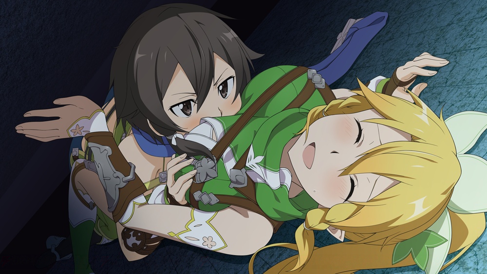 2girls, :d, black_eyes, black_hair, blonde_hair, blue_scarf, breast_grab, breast_press