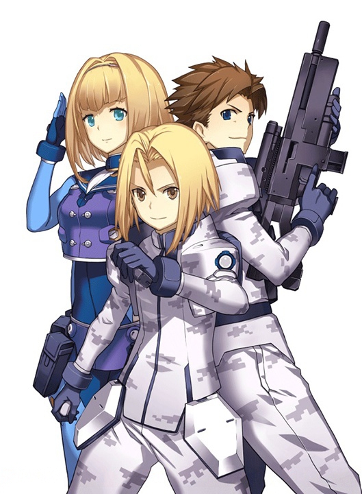 1girl, 2girls, black_gloves, blonde_hair, blue_eyes, bodysuit, brown_eyes, brown_hair