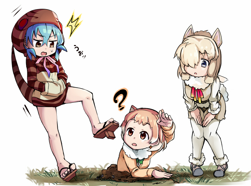 3girls, ?, alpaca_ears, alpaca_suri, alpaca_tail, animal_ears, aqua_hair, arm_up