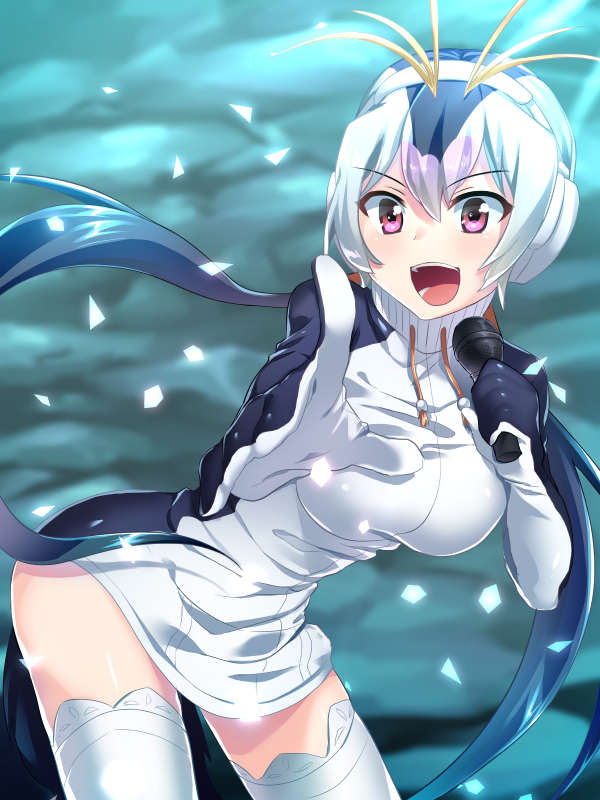1girl, arched_back, breasts, eyebrows_visible_through_hair, holding, holding_microphone, jacket, kemono_friends, large_breasts, long_hair, looking_at_viewer, microphone, multicolored_hair, open_mouth, outstretched_arm, royal_penguin_(kemono_friends), shiny, shiny_skin, solo, standing, thigh-highs, turtleneck, twintails, violet_eyes, white_legwear, yusei_yui, zettai_ryouiki