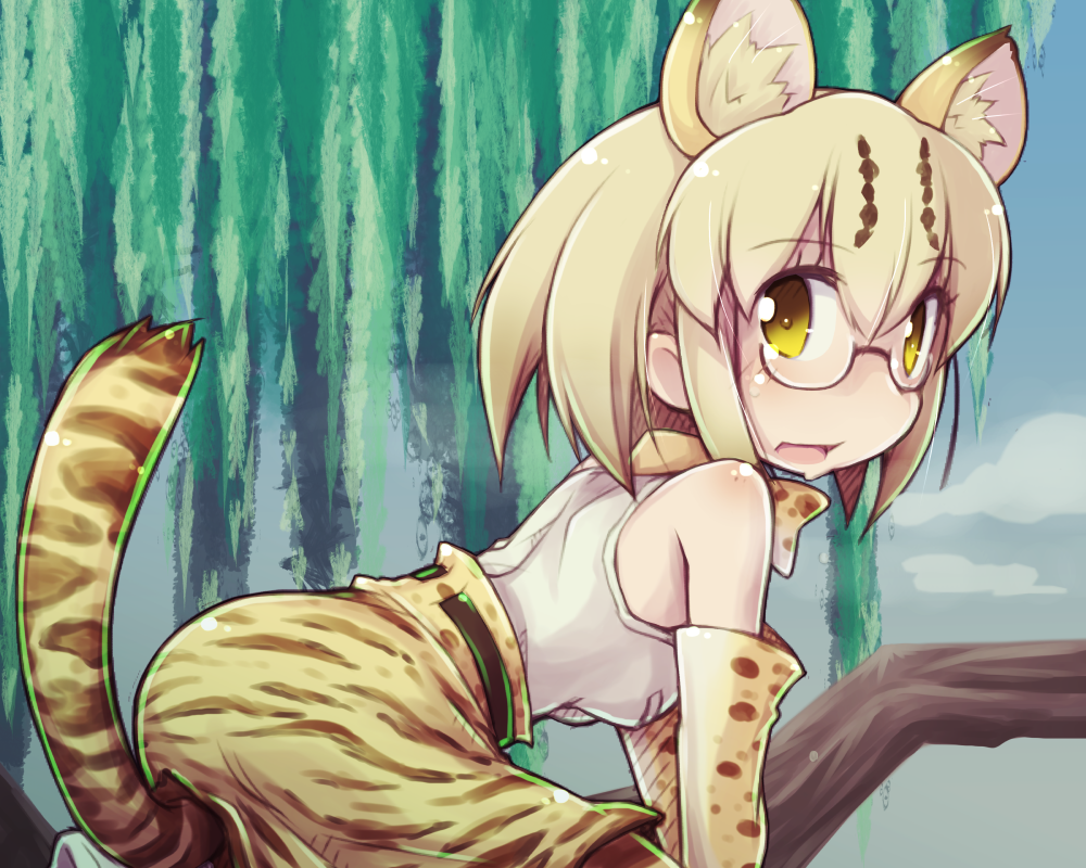1girl, animal_ears, animal_print, bare_shoulders, blonde_hair, blue_sky, elbow_gloves, glasses