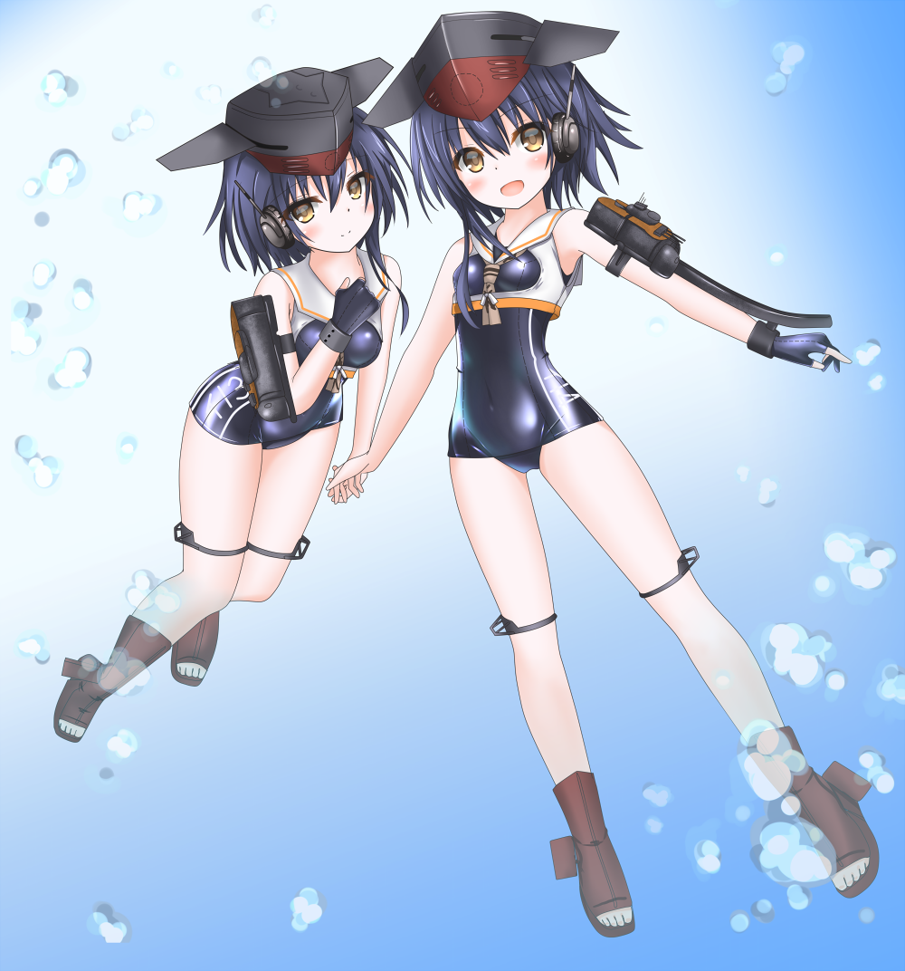 2girls, asymmetrical_hair, black_hair, boots, breasts, brown_eyes, catapult, gloves