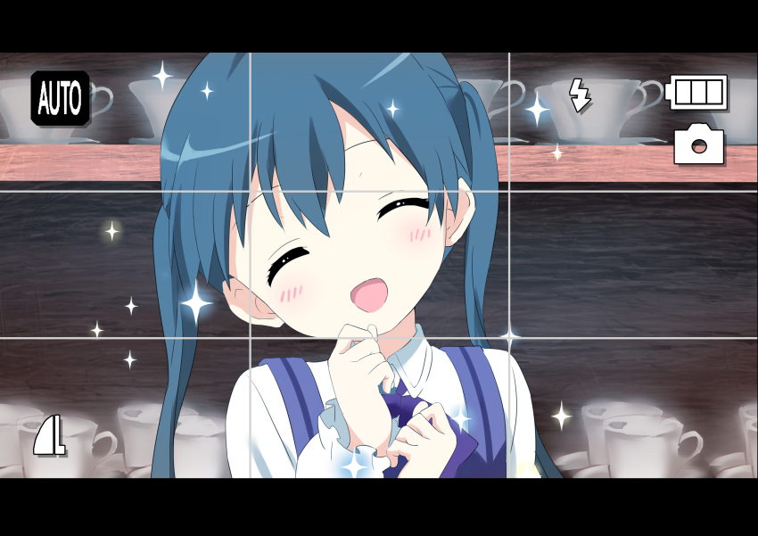 1girl, absurdres, bangs, battery, blue_hair, blush, bow, bowtie