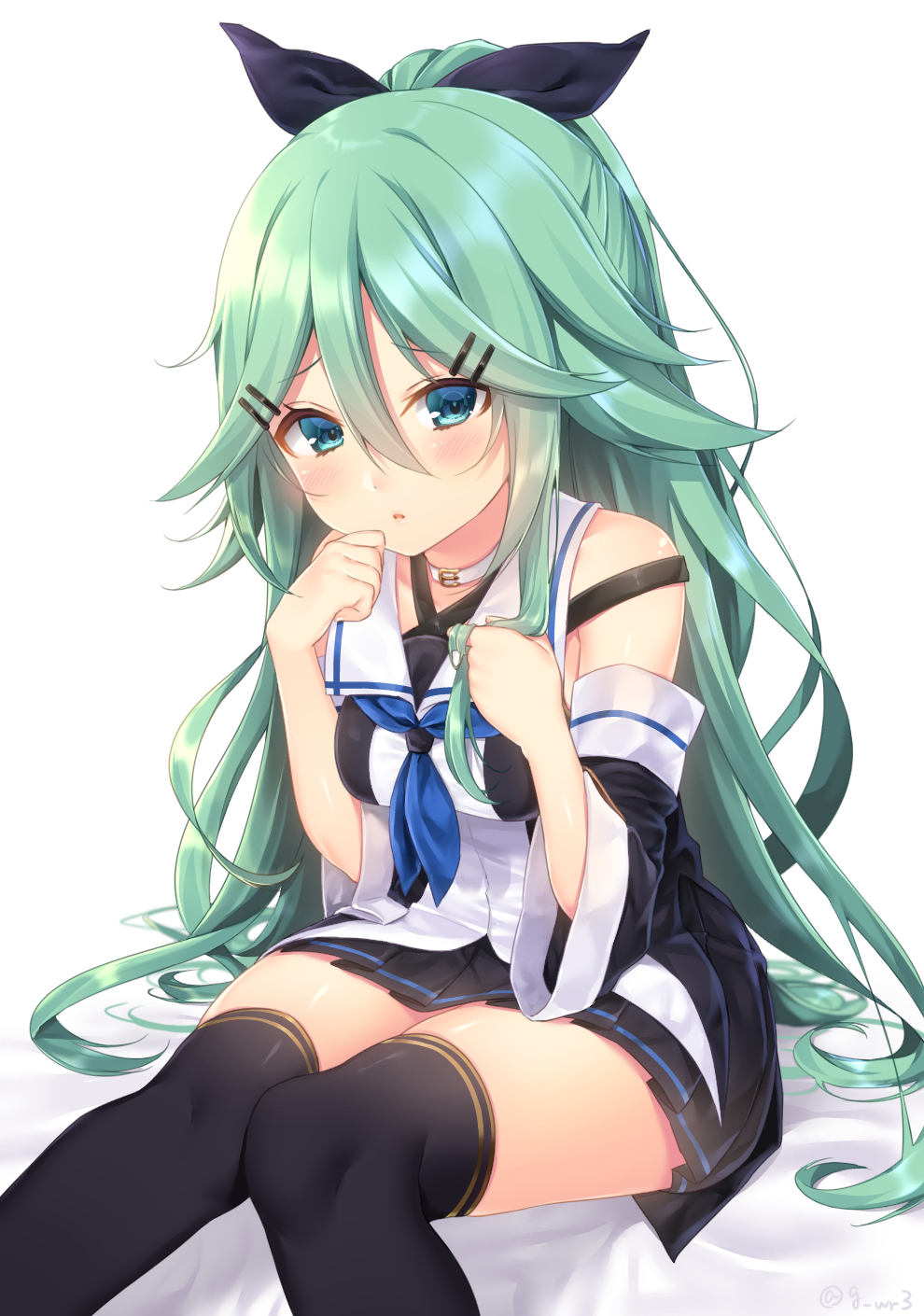 blue_eyes, blush, dress, green_hair, hair_pins, kantai_collection, long_hair, personification