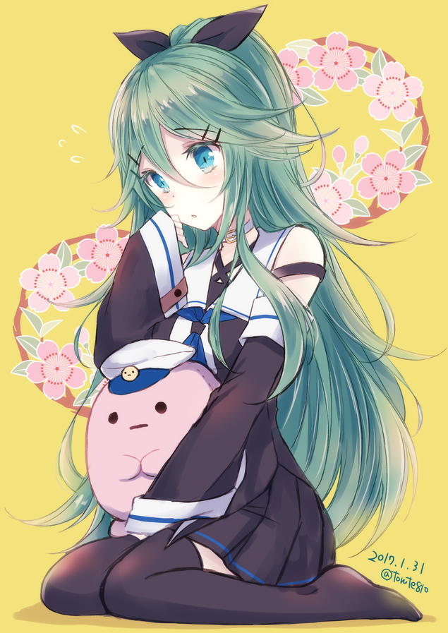 blu8sh, blue_eyes, dress, green_hair, hair_pins, kantai_collection, long_hair, personification
