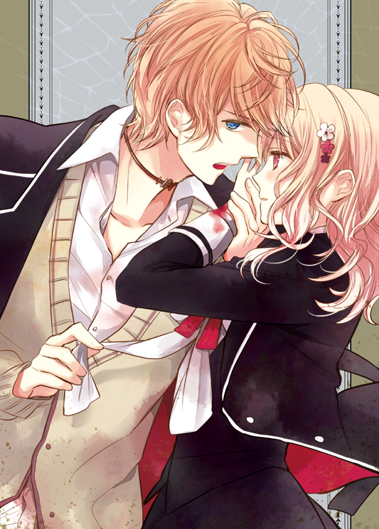 blonde_hair, diabolik_lovers, komori_yui, pink_eyes, sakamaki_shuu, samako