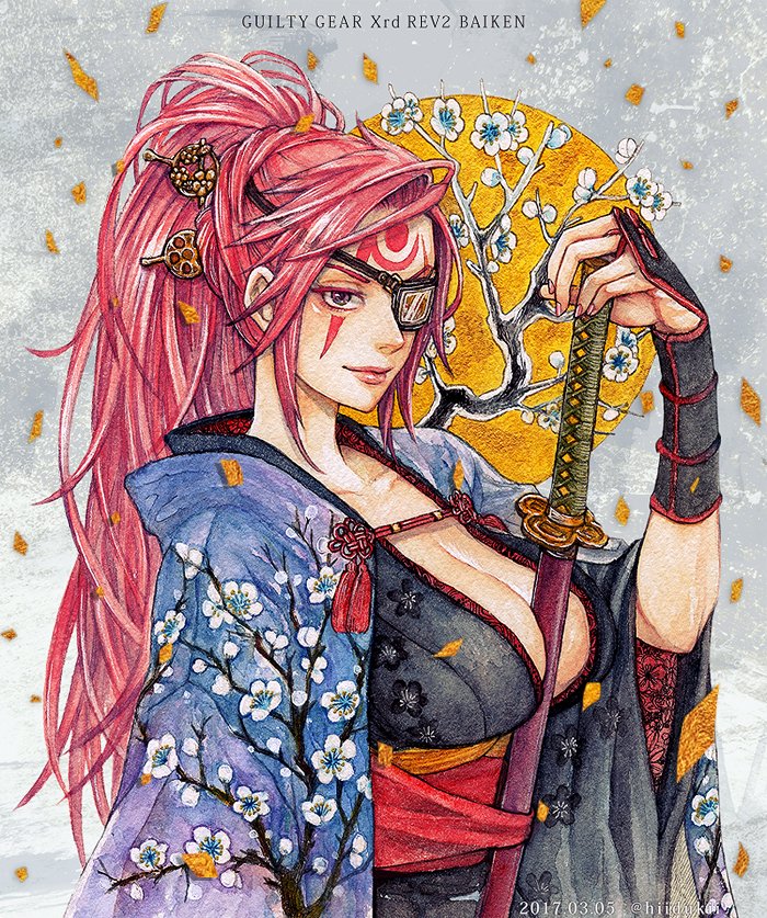 1girl, baiken, between_breasts, breasts, cleavage, eyepatch, guilty_gear, hair_ornament, hitsuki_(hiidukii), japanese_clothes, katana, kimono, large_breasts, long_hair, obi, pink_hair, ponytail, sash, solo, sword, tattoo, weapon