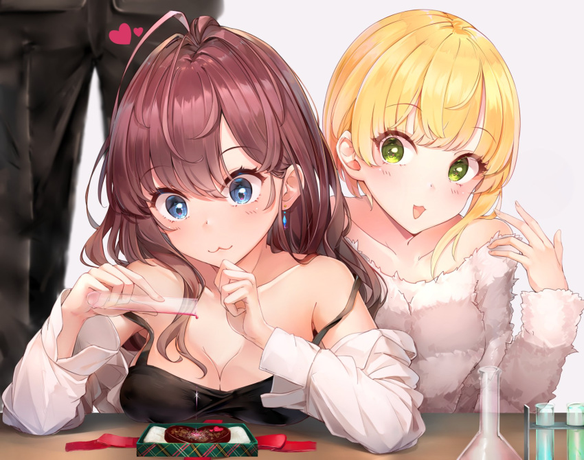 2girls, :3, antenna_hair, asymmetrical_hair, bangs, bare_shoulders, blonde_hair, blunt_bangs, blush, box, breast_rest, breasts, casual, chocolate, chocolate_heart, cleavage, collarbone, dress_shirt, earrings, eyebrows_visible_through_hair, fingernails, gift, gift_box, green_eyes, hair_between_eyes, heart, highres, ichinose_shiki, idolmaster, idolmaster_cinderella_girls, indoors, jewelry, long_fingers, long_hair, long_sleeves, love_potion, medium_breasts, miyamoto_frederica, multiple_girls, nail_polish, off-shoulder_sweater, off_shoulder, open_clothes, open_shirt, pink_nails, shirt, short_hair_with_long_locks, sidelocks, sleeveless, sleeveless_shirt, somalisu, sweater, table, upper_body, valentine, white_shirt, white_sweater
