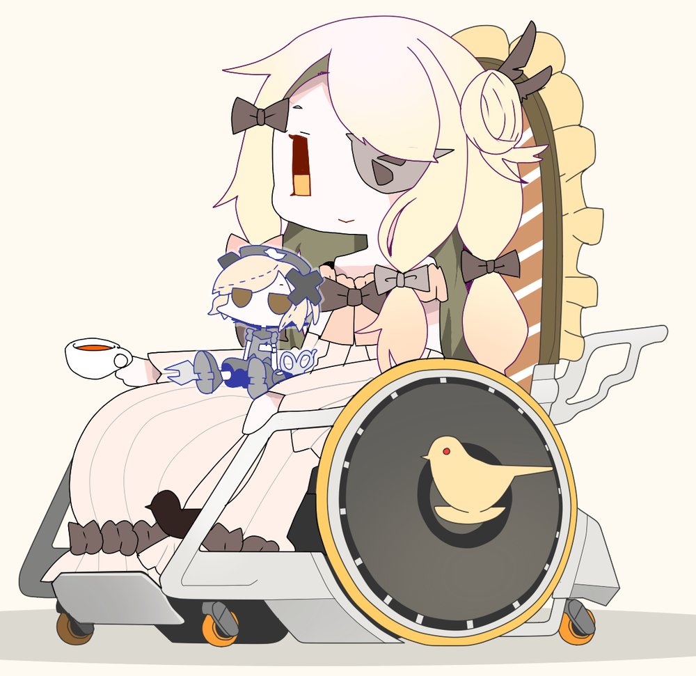 1girl, bird, blonde_hair, cup, doll, eyepatch, long_hair, mahou_shoujo_ikusei_keikaku, md5_mismatch, pfle, shadowgale, sitting, smile, solo, teacup, v_(l_2_s), wheelchair