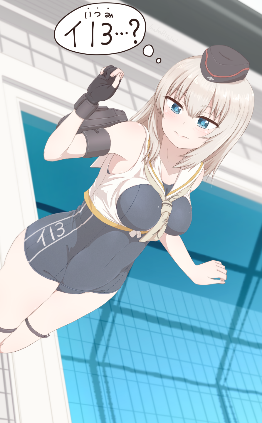 1girl, alternate_costume, armpit_peek, bare_shoulders, between_breasts, black_gloves, blue_eyes, breasts