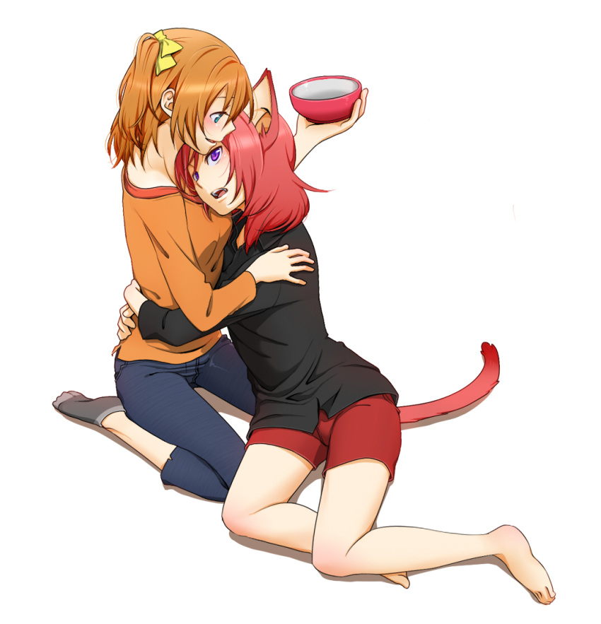 2girls, animal_ears, blue_eyes, bowl, brown_hair, cat_ears, cat_tail, denim