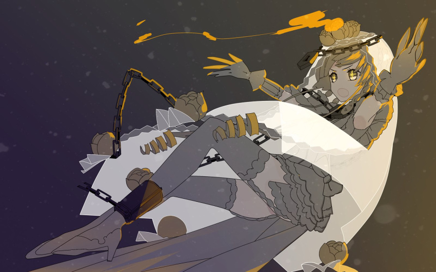 1girl, blonde_hair, chains, dress, drill_hair, falling, garter_straps, gloves