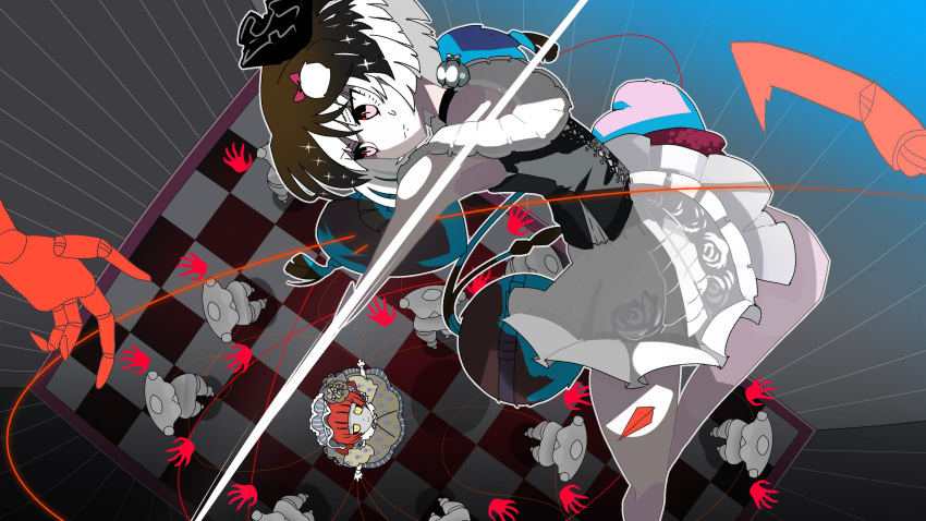 2girls, battle, chessboard, doll_joints, flying, hands, highres, looking_back