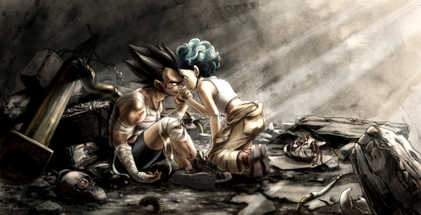 1boy, 1girl, angry, aqua_hair, bandage, bandage_on_face, bandaged_arm, bandaged_leg